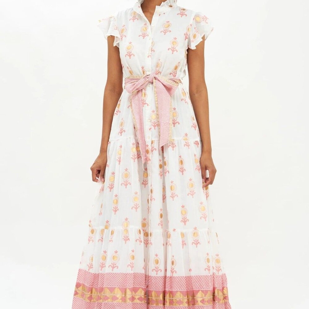 NWT $328 Oliphant Leela Peach Ruffle Neck Button Front Dress XS